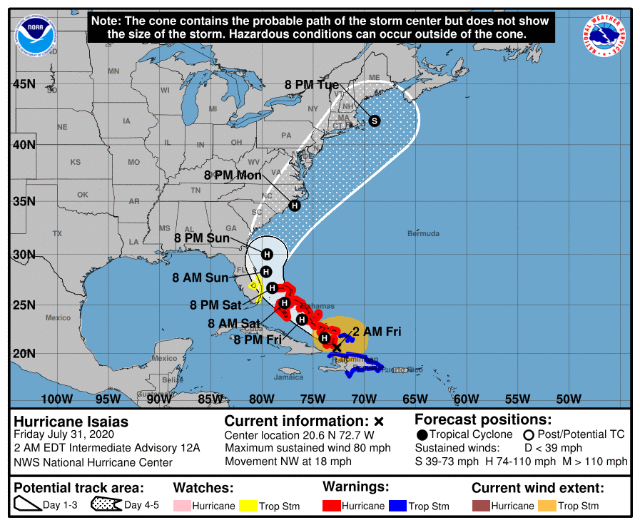 uragano Isaias traiettoria