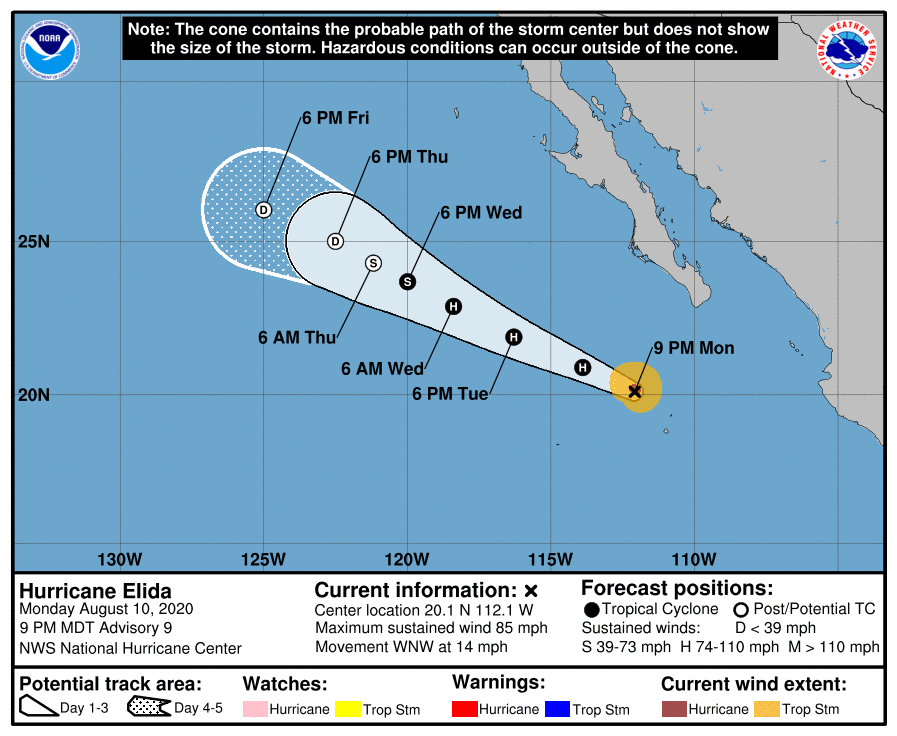 uragano Elida traiettoria