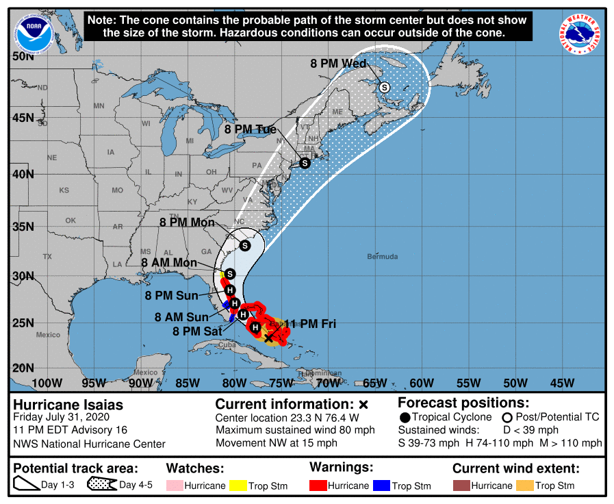 uragano isaias traiettoria