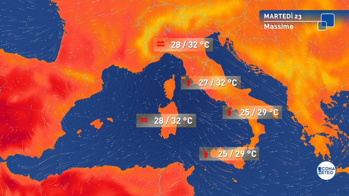 meteo caldo martedì
