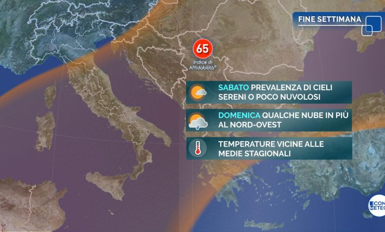 Weekend con tempo stabile e temperature nella norma. Un po' di nubi al Nord-Ovest, temperature nella norma o di poco al di sopra