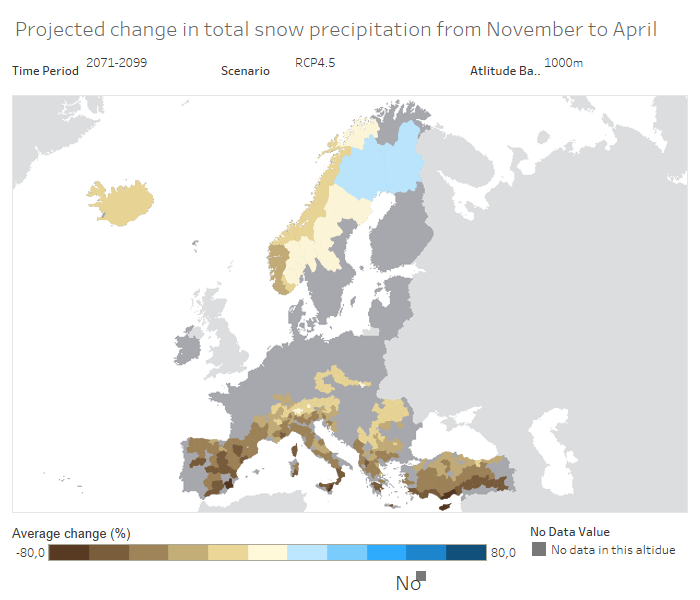 Neve d'Inverno - variazione prevista tra il 1970 e il 2100 a quota 1000 metri nello scenario RCP 4.5