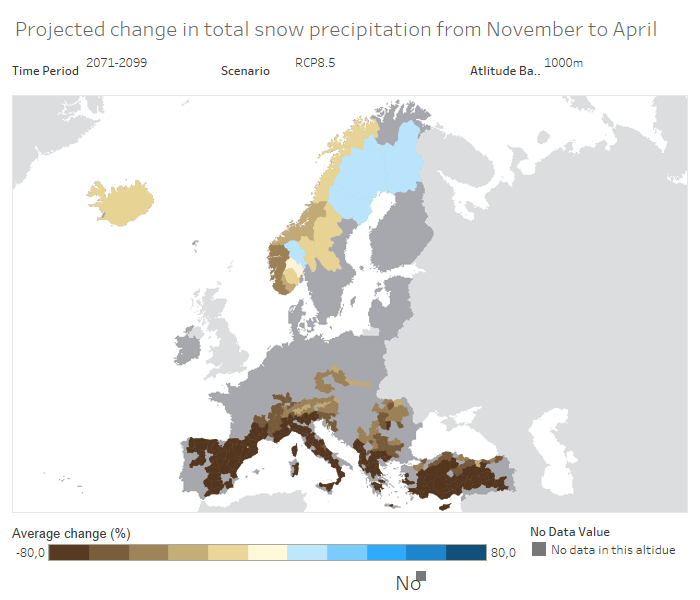 Neve d'Inverno - variazione prevista tra il 1970 e il 2100 a quota 1000 metri nello scenario RCP 8.5