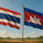Bandiera Thailandia e bandiera Cambogia, vicine sotto il sole
