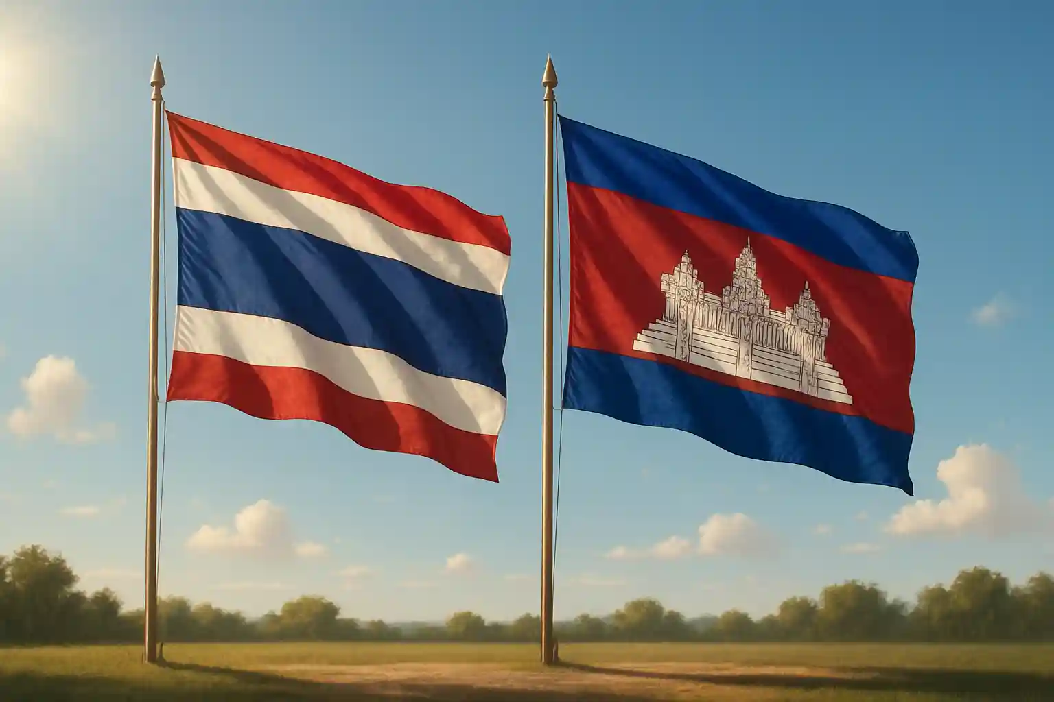 Bandiera Thailandia e bandiera Cambogia, vicine sotto il sole