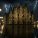 duomo di milano di notte con temporale