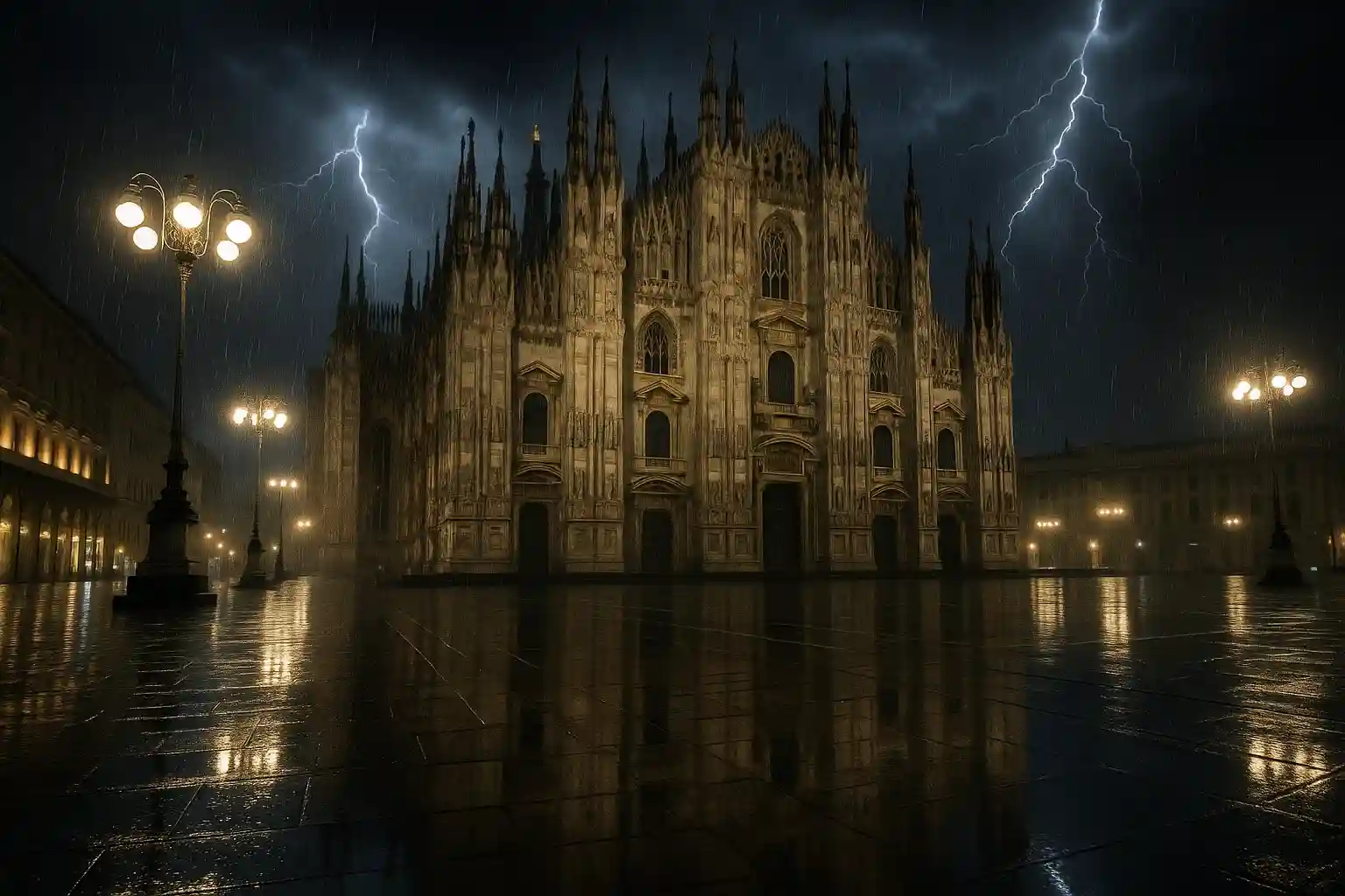 duomo di milano di notte con temporale