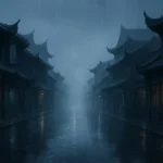 Forte pioggia in Cina senza persone e senza lampade rosse