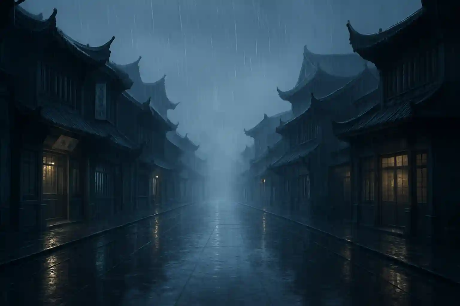 Forte pioggia in Cina senza persone e senza lampade rosse