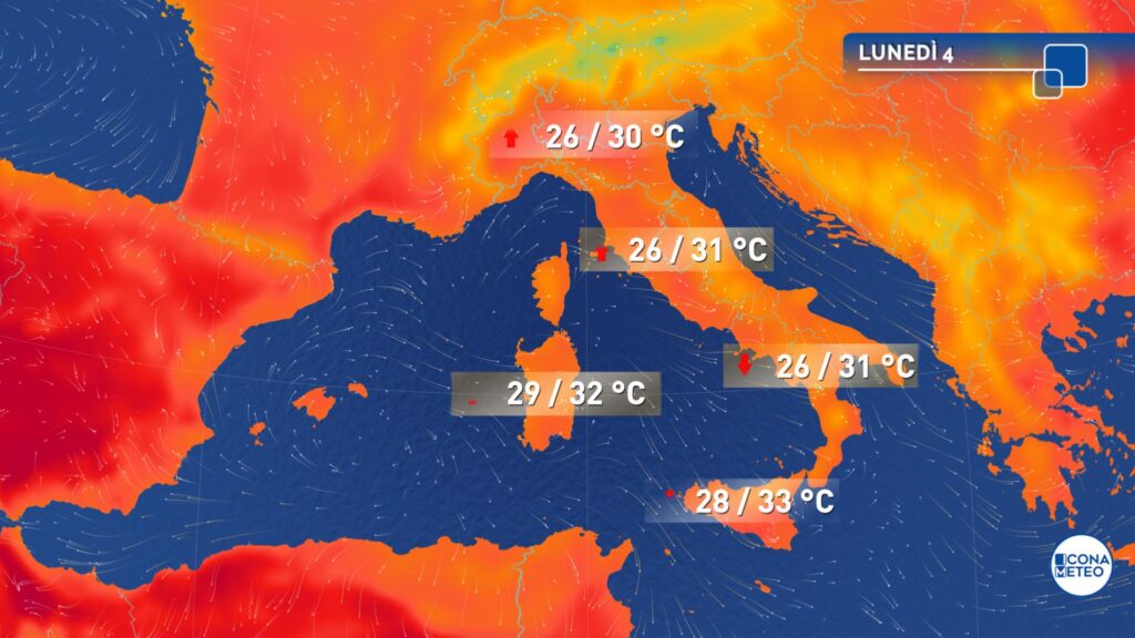 meteo domani lunedì 4 agosto
