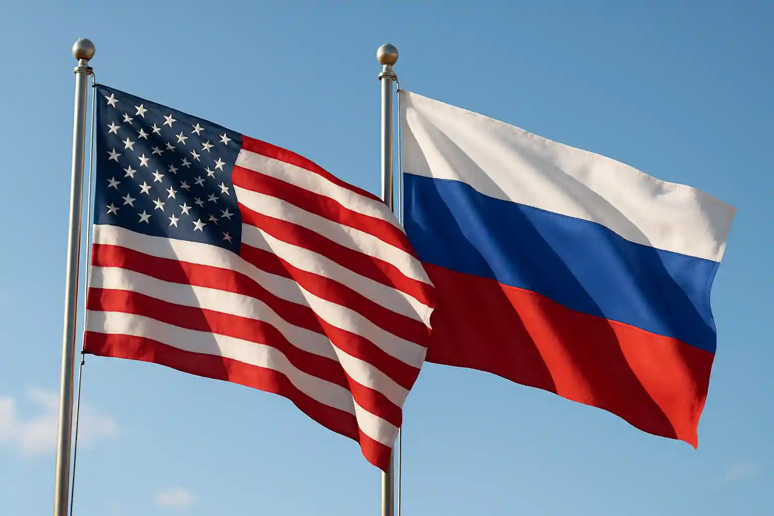 Bandiera Usa e Russia con sventolano vicine di giorno
