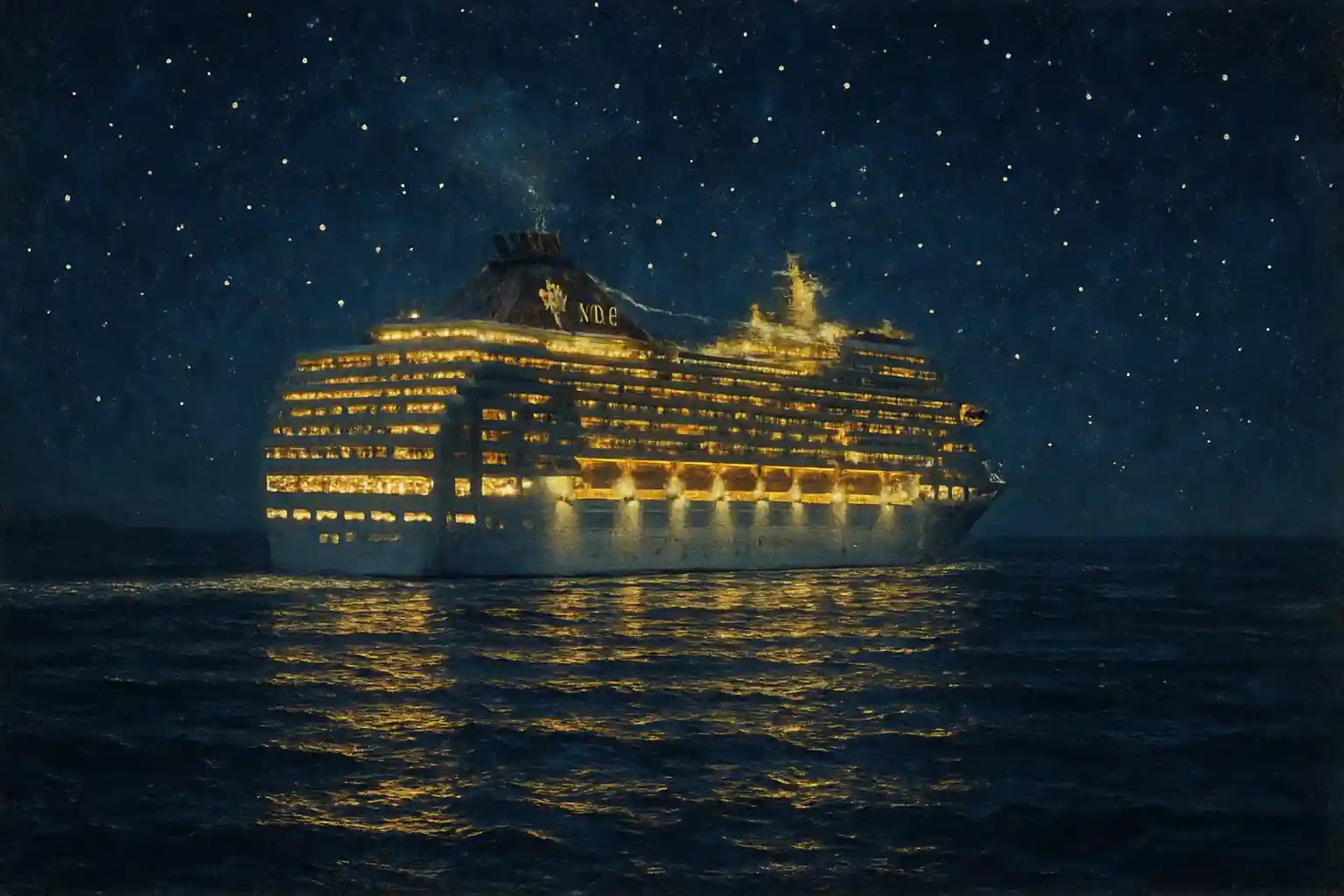 Nave da croceria MSC vista da lontano di notte