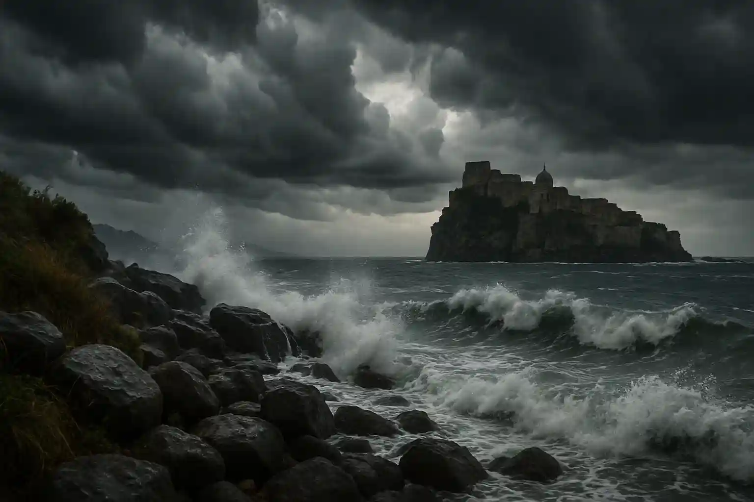 Maltempo a Ischia, di giorno, in stile fotografia